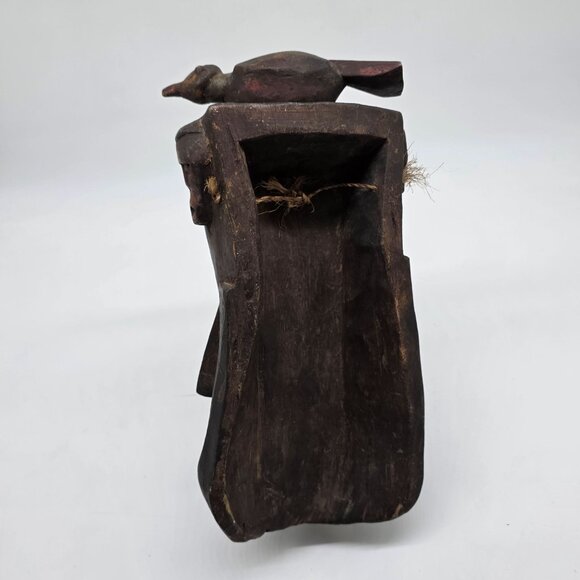 African Tribal Handcarved Wooden Mask With Bird Sculpture Decoration - Picture 6 of 10
